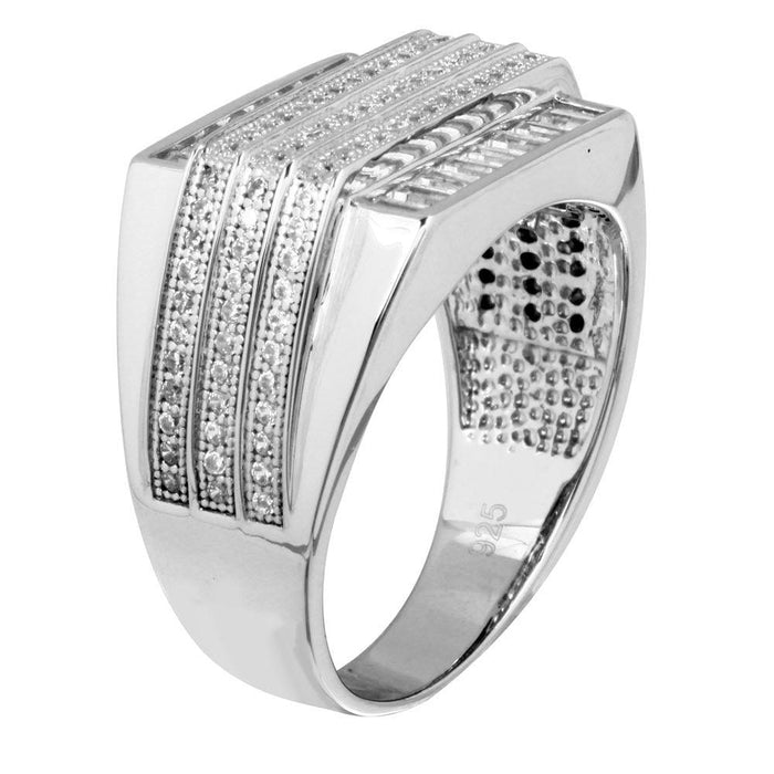 Rhodium Plated 925 Sterling Silver Moissanite or Cubic Zirconia Men's 3 Bar Ring - MGMR00222