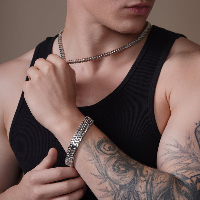 Rhodium Plated 925 Sterling Silver Men's ZigZag Bracelet - CDIB00017RH