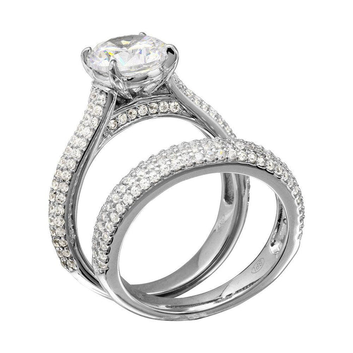 Rhodium Plated 925 Sterling Silver Micro Pave Shank Bridal Single Center Stone Ring - GMR00204