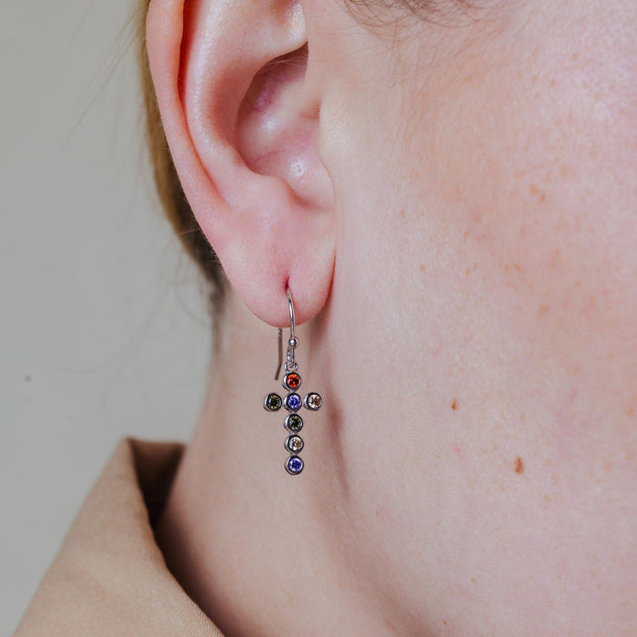Silver 925 Rhodium Plated Multi-Colored CZ Cross Earrings - STE01137 | Silver Palace Inc.