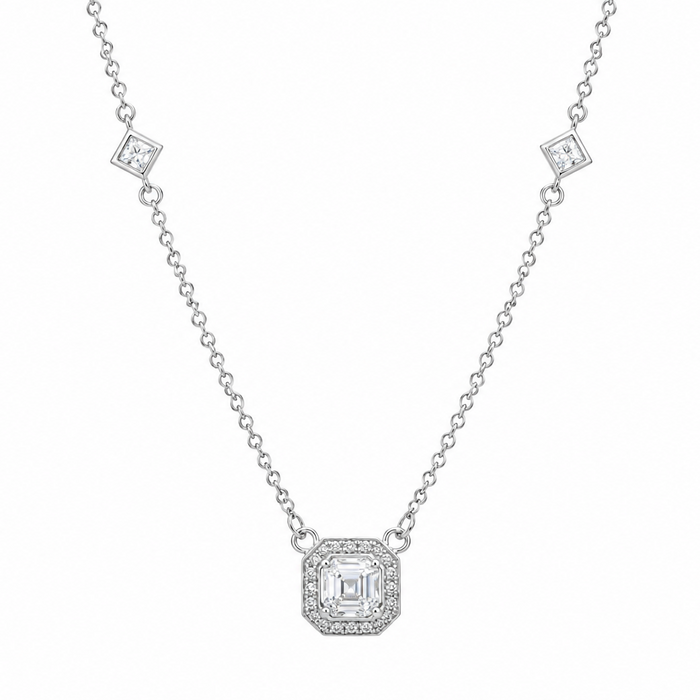 Rhodium Plated 925 Sterling Silver Multi CZ Cusion Necklace - STP01424