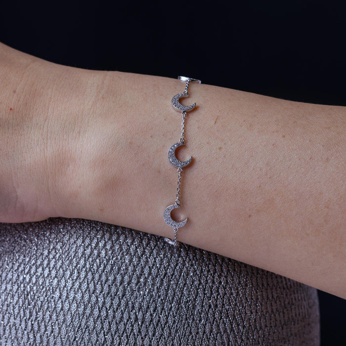 Rhodium Plated 925 Sterling Silver Multiple CZ Crescent Bracelet - GMB00047RH