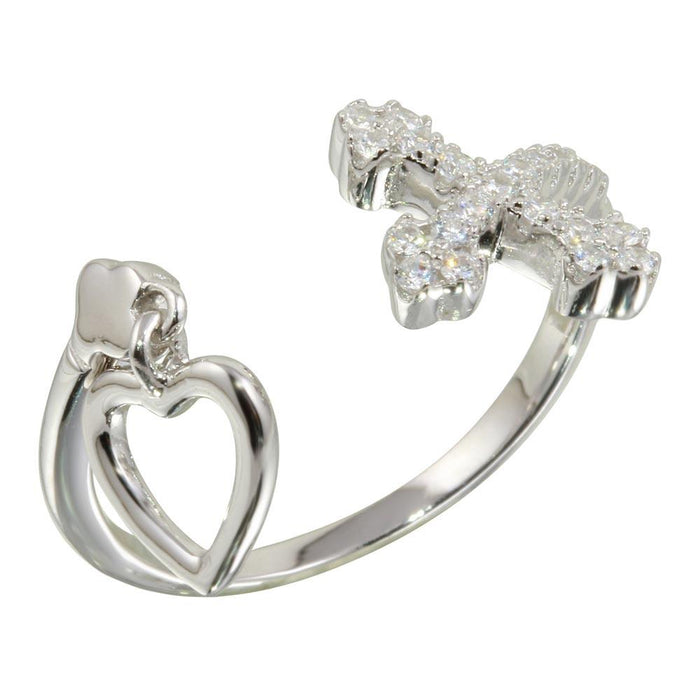 Silver 925 Rhodium Plated Open Heart and Cross Ring with CZ - BGR01147 | Silver Palace Inc.