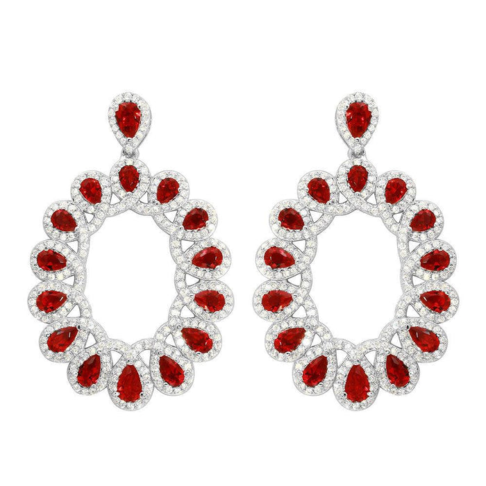 Silver 925 Rhodium Plated Open Oval Red and Clear CZ Hanging Earrings - GME00106-RED | Silver Palace Inc.