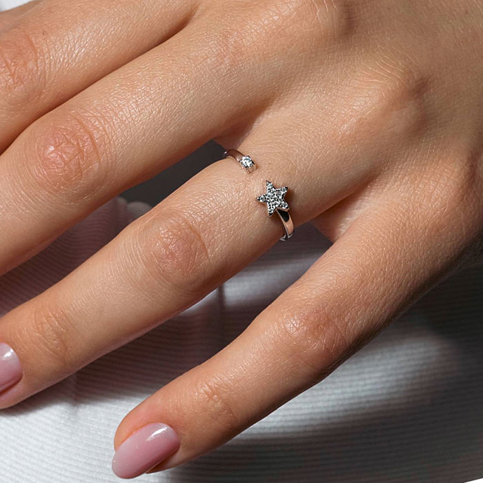 Rhodium Plated 925 Sterling Silver Open Star Ring with CZ - BGR01103