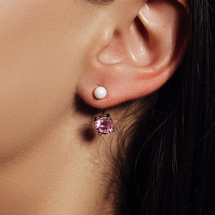 Rhodium Plated 925 Sterling Silver Pearl Pink Front and Back Earrings - STE00990OCT
