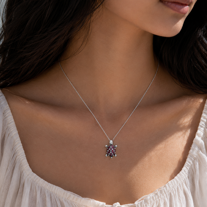 Rhodium Plated 925 Sterling Silver Pink and Clear CZ Turtle Necklace - BGP01126