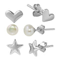 Silver 925 Rhodium Plated Plain Star Plain Heart and Fresh Water Pearl Stud Set - STES00003 | Silver Palace Inc.