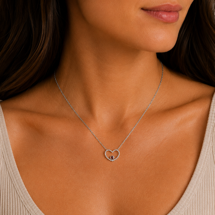 Rhodium Plated 925 Sterling Silver Red CZ Cut Out Heart Pendant Necklace - STP01512