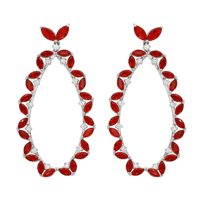 Silver 925 Rhodium Plated Red CZ Hanging Oval Earrings - GME00103-RED | Silver Palace Inc.