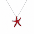 Rhodium Plated 925 Sterling Silver Red CZ and Red Enamel Starfish Pendant Necklace - BGP00851