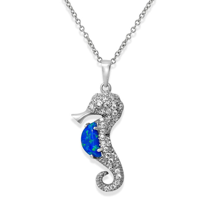 Silver 925 Rhodium Plated Sea Horse with CZ and Synthetic Blue Opal Necklace - BGP01071BLU | Silver Palace Inc. #color_blue
