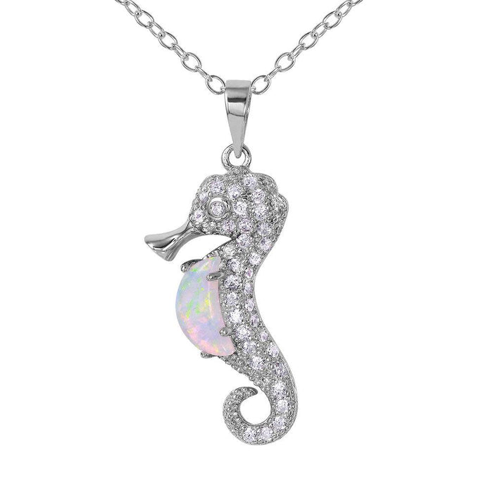 Silver 925 Rhodium Plated Sea Horse with CZ and Synthetic Opal Necklace - BGP01071WHT | Silver Palace Inc. #color_white