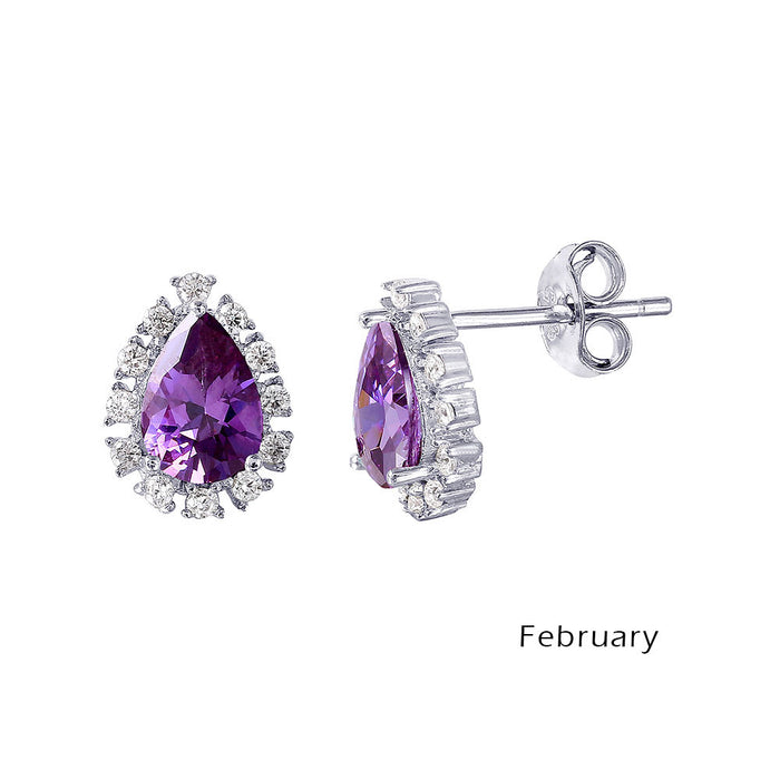Rhodium Plated 925 Sterling Silver Teardrop Halo CZ Birthstone Earrings - STE01027