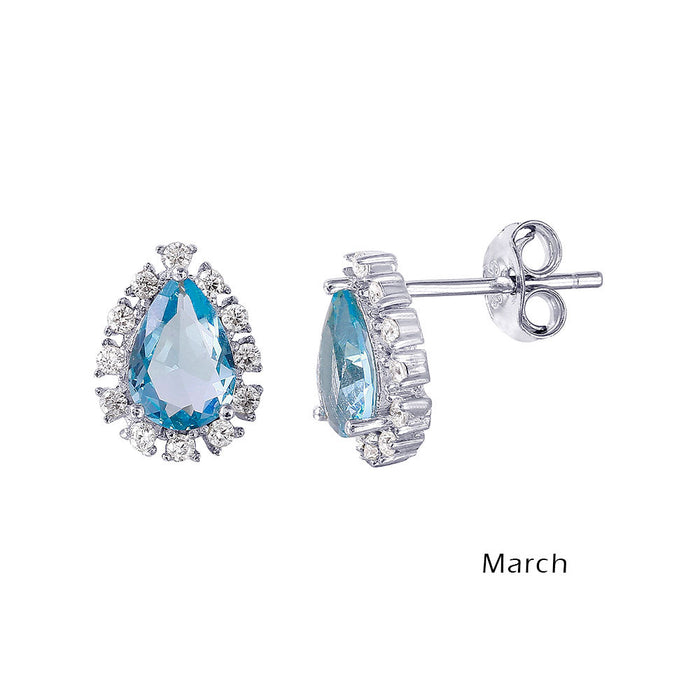 Rhodium Plated 925 Sterling Silver Teardrop Halo CZ Birthstone Earrings - STE01027