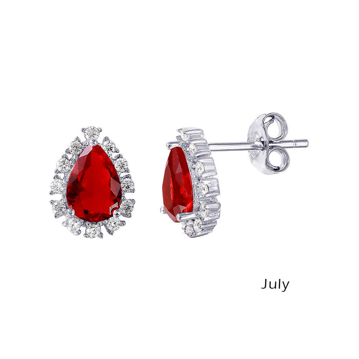Rhodium Plated 925 Sterling Silver Teardrop Halo CZ Birthstone Earrings - STE01027