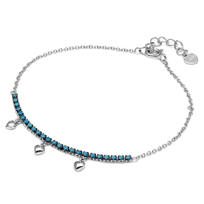 Silver 925 Rhodium Plated Turquoise Stones with Hanging Hearts Bracelet - GMB00041BLK-T | Silver Palace Inc.