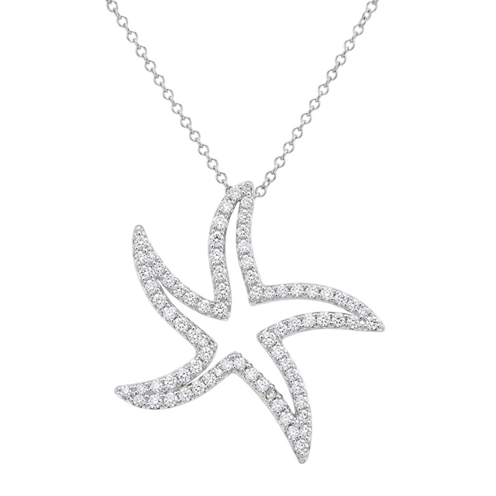 Rhodium Plated 925 Sterling Silver Warped CZ Starfish Pendant Necklace - STP01436