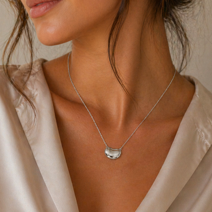 Rhodium Plated 925 Sterling Silver Bean Pendant Necklace - STP00046