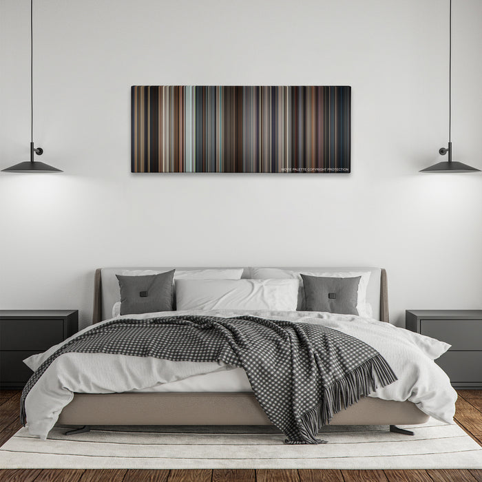 RoboCop color palette canvas above a bed, between two black pendant lamps
