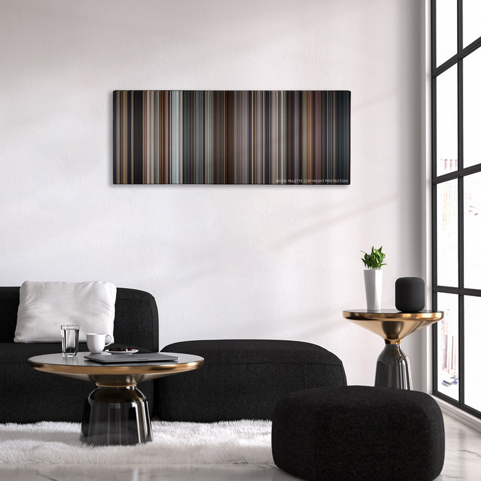 RoboCop color palette canvas above a black sofa with a gold-topped table