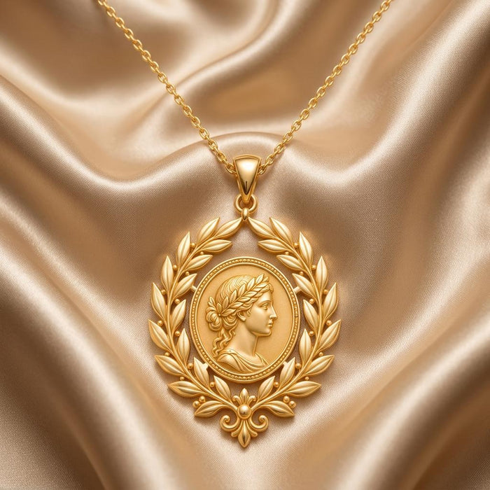 Gold Plated Silver Roman Laurel Pendant Necklace with profile medallion and laurel wreath on champagne satin