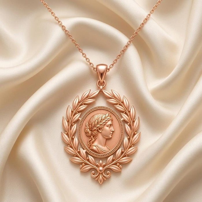 Rose Gold Plated Roman Laurel Pendant Necklace with wreath-framed profile medallion on ivory satin