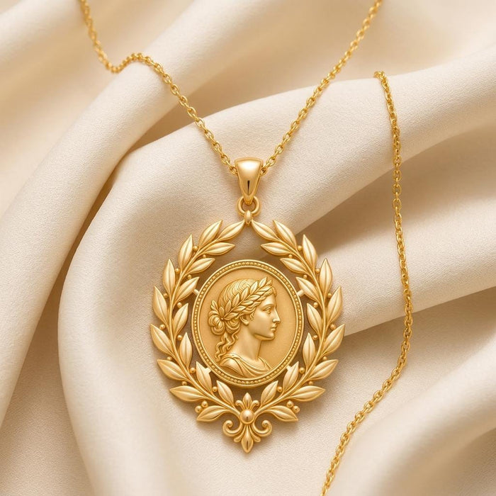 Close view of Gold Plated Silver Roman Laurel profile medallion and laurel wreath pendant on ivory fabric
