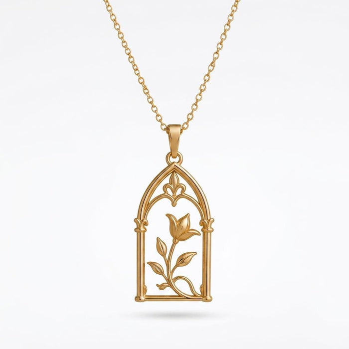 Front product view of the gold-tone Royal Arch Bloom Necklace on a white background