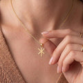 Gold Plated Silver Gebo Is bindrune necklace worn at the collarbone with the six-point pendant held in hand