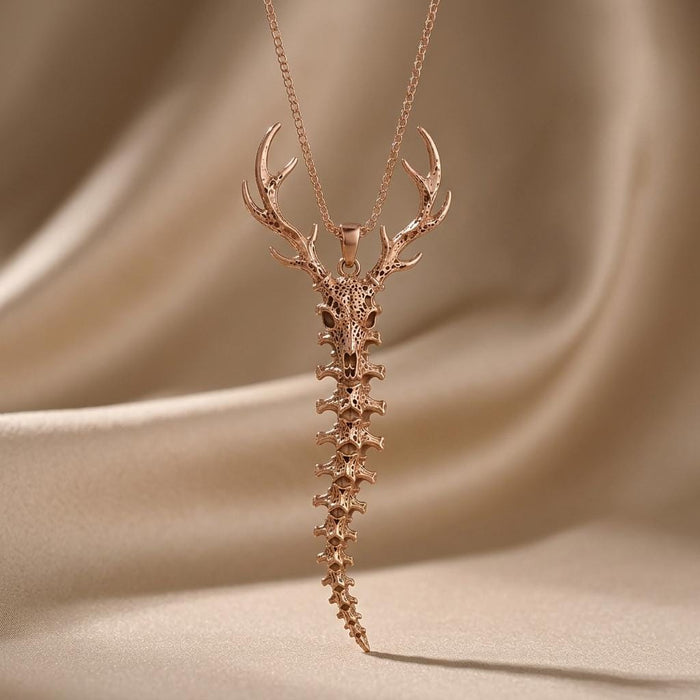 Rose-toned Sacred Deer Spine Necklace with branching antlers and long vertebrae pendant on draped neutral satin