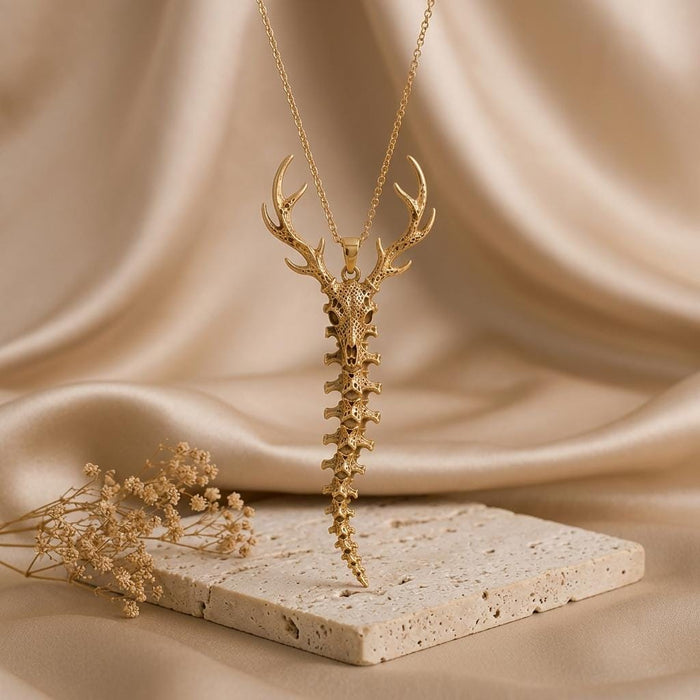 Gold Plated Silver Sacred Deer Spine Necklace with branching antlers and tapered spine pendant over stone and satin