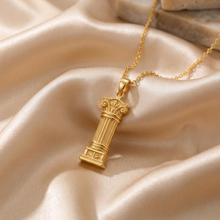 Close-up of Gold Plated Silver Sacred Pillar Necklace showing fluted column, scroll-style capital, and stepped base