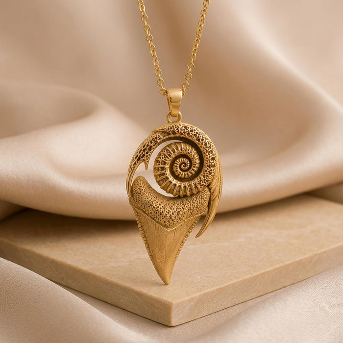 Gold Plated Silver Sacred Shark fossil-design pendant with spiral detail above a pointed lower form