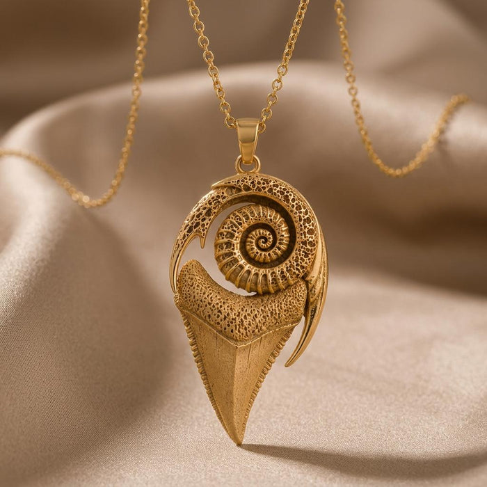 Sacred Shark Necklace suspended from a gold-finish chain above draped champagne satin
