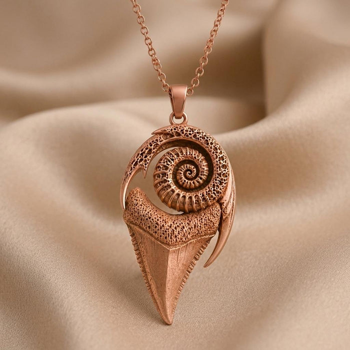 Close view of the ridged spiral, pointed tip and curled edge in the rose-finish ocean pendant