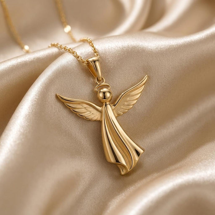 Gold Plated Silver sculpted angel pendant necklace with feather-detailed wings on champagne satin