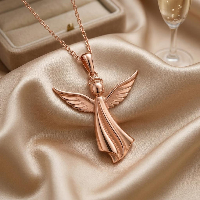 Rose Gold Plated sculpted angel pendant necklace on champagne satin beside a jewelry box
