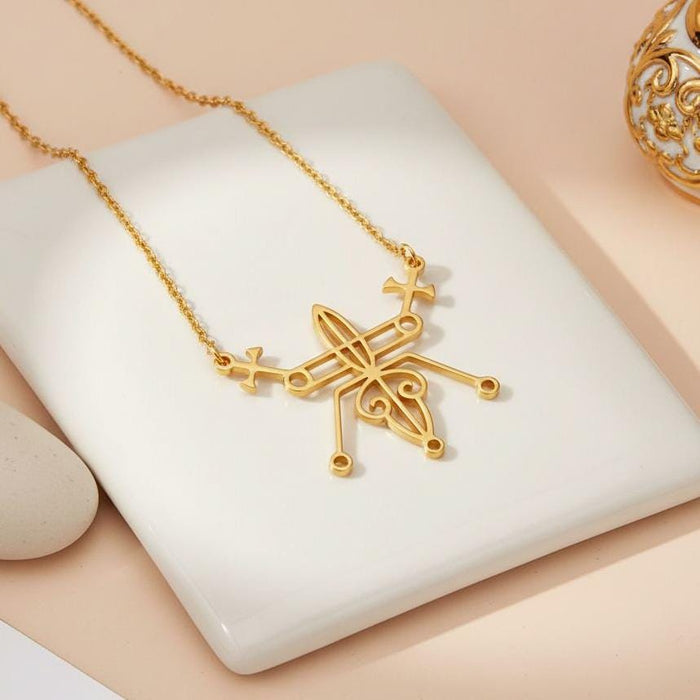 Gold Plated Silver Seal of Beelzebub openwork pendant on a white display block