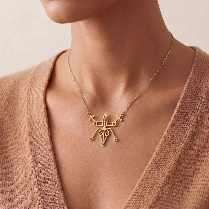 Close view of Gold Plated Silver Seal of Beelzebub necklace at the collarbone