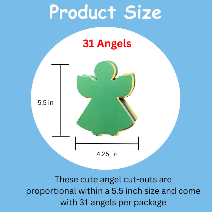 Measurement chart for green angel cut-outs with dimensions and packaging information on a blue background.
