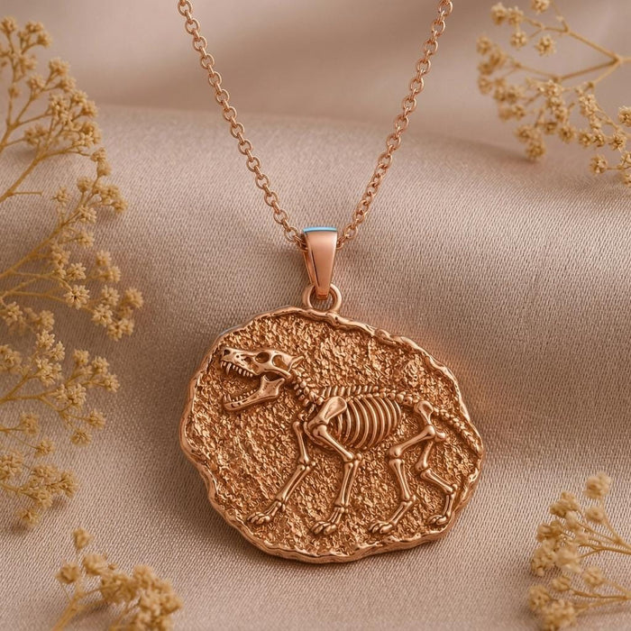 Rose Gold Plated Dire Wolf Fossil Pendant Necklace with raised skeleton relief and dried flower styling