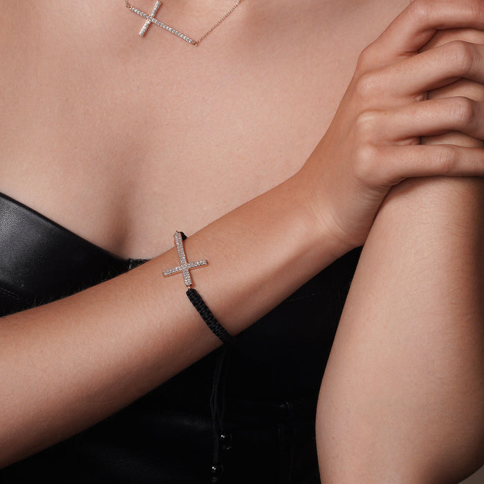 Silver 925 Gold Plated Sideways Cross CZ Black Braided Bracelet - BGB00179RGP