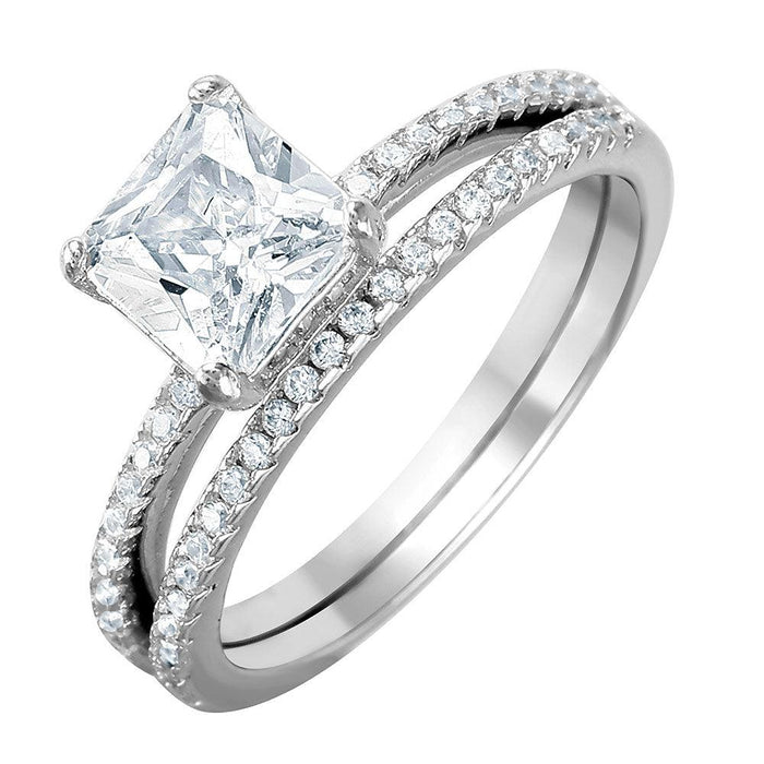 Silver 925 Nickel Free Rhodium Plated Square Center CZ Bridal Ring - BGR01011 | Silver Palace Inc.