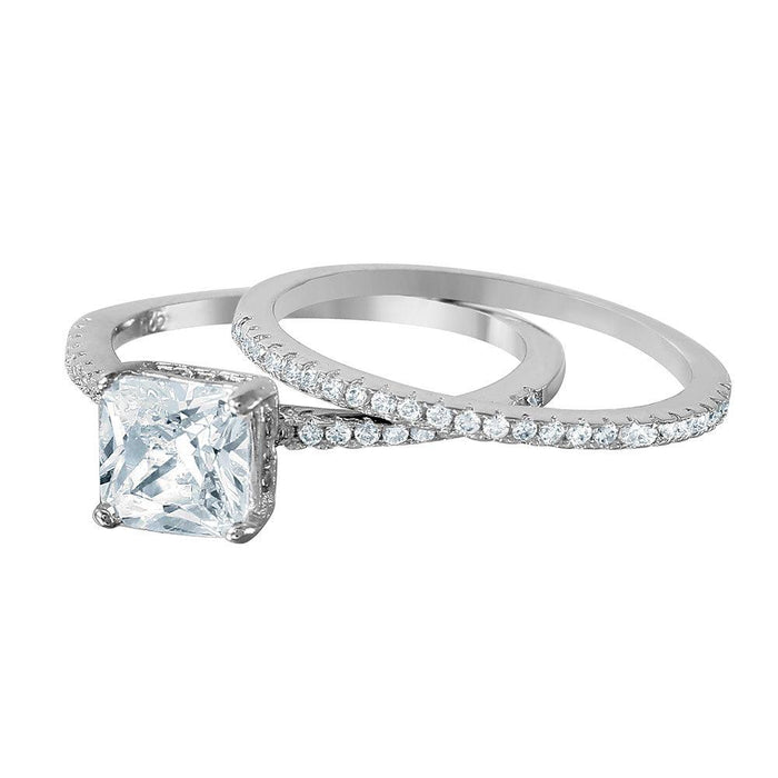Silver 925 Nickel Free Rhodium Plated Square Center CZ Bridal Ring - BGR01011