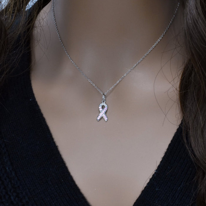 Silver 925 Pink CZ Rhodium Plated Ribbon Pendant Necklace - STP00060PNK