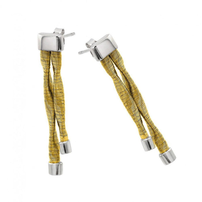 Silver 925 Rhodium and Gold Plated Double Smashed Long Dangling Stud Earrings - ECE004GP | Silver Palace Inc.