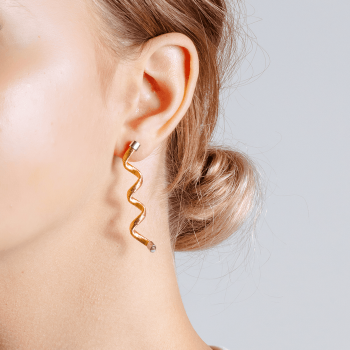Silver 925 Rhodium and Gold Plated Long Spiral Dangling Stud Earrings - ECE002GP