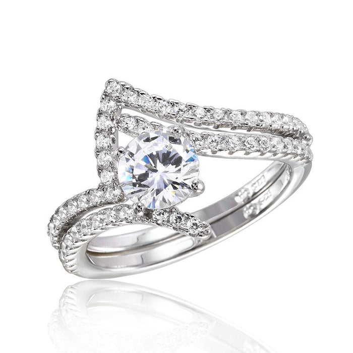 Silver 925 Rhodium Plated 2 Pcs Wedding Ring with 6MM Center CZ - BGR01031 | Silver Palace Inc.