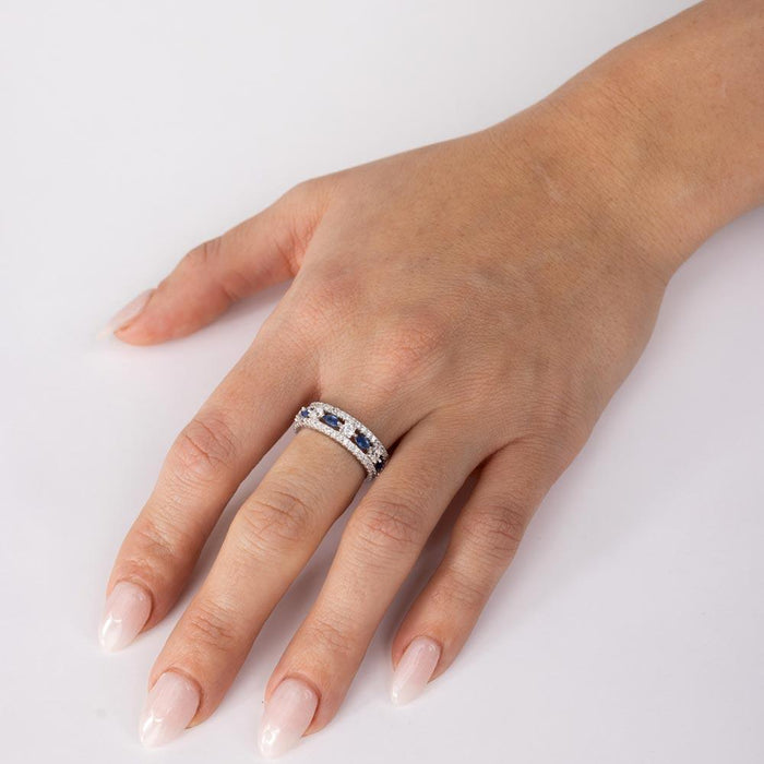 Silver 925 Rhodium Plated Band Encrusted with Clear and Blue CZ Stones - GMR00133S